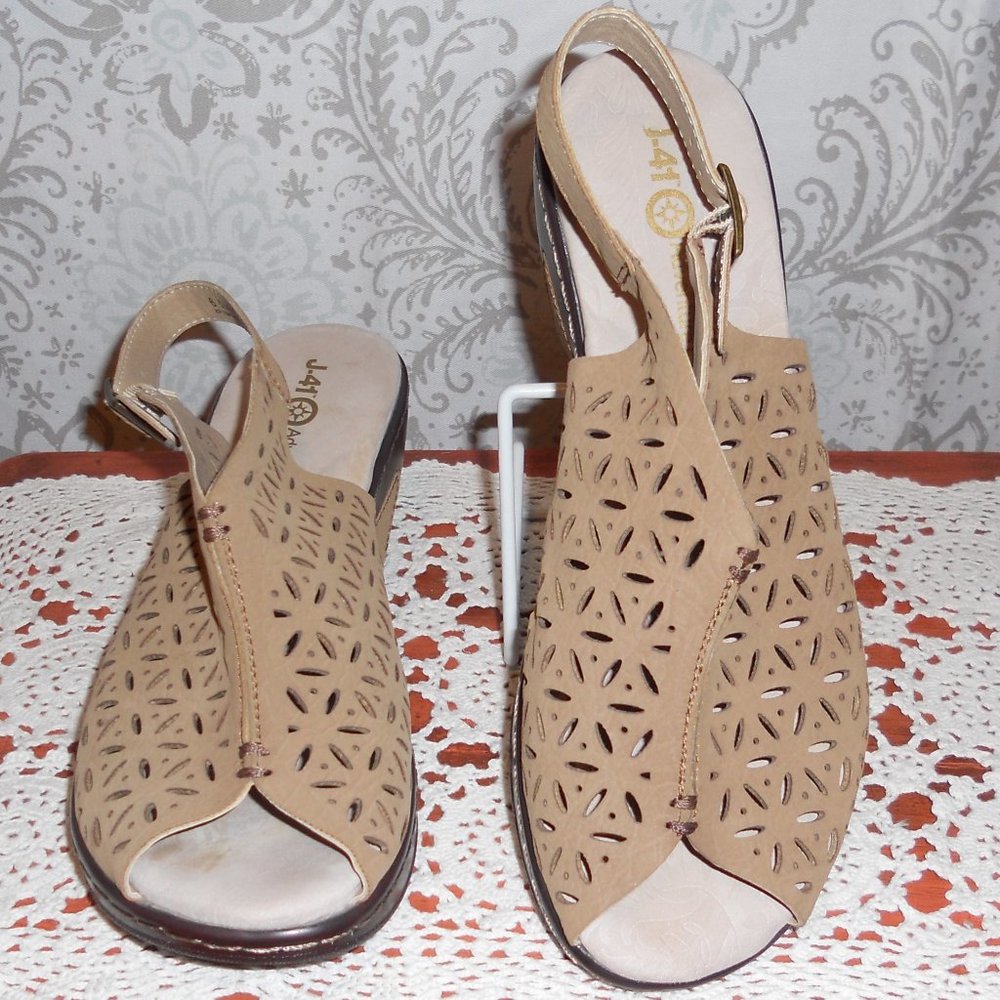 NWOT J-41 Adventure On 6.5 Tan Laser Cut Slingback Wedge Open Toe Sandals